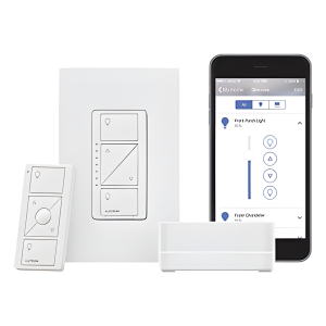 Kit de inicio Caseta Wireless con hub Smart Bridge Pro, atenuador de pared de 120 V, control remoto Pico y placa Claro, compatible con Apple HomeKit, Alexa y Google Assistant