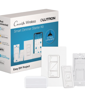 Kit de inicio Caseta Wireless con hub Smart Bridge, atenuador de pared, control Pico y placa Claro para controlar la iluminación desde la app Lutron