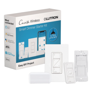 Kit de inicio Caseta Wireless con hub Smart Bridge, atenuador de pared, control Pico y placa Claro para controlar la iluminación desde la app Lutron