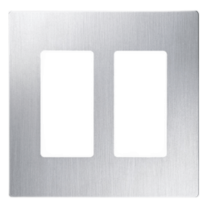 Placa de pared sin tornillos de 2 espacios para atenuadores e interruptores con apertura tipo designer, acabado acero inoxidable, línea Claro