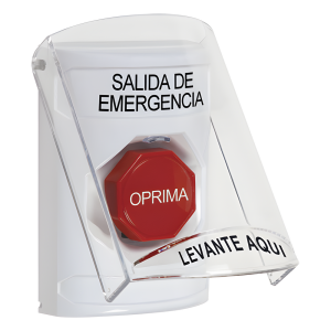 Botón de Emergencia, Texto en Español, Tapa Protectora de Policarbonato Súper Resistente, Restablecimiento con Llave