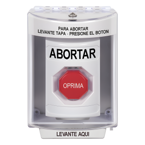 Botón de Abortar, Bocina de Advertencia Integrada, Texto en Español, Tapa Protectora de Policarbonato Súper Resistente con Espaciador, Restablecimiento con Llave