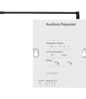 Repetidor auxiliar para ampliar el alcance de radiofrecuencia del sistema RadioRA 2 en aplicaciones grandes, exteriores y entre edificios, inalámbrico o con enlace RS485