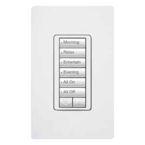 Teclado híbrido C•L de 6 botones con subir/bajar y atenuador integrado de 450 W (100 W en LED/CFL), requiere neutro, para sistema RadioRA 2, color blanco