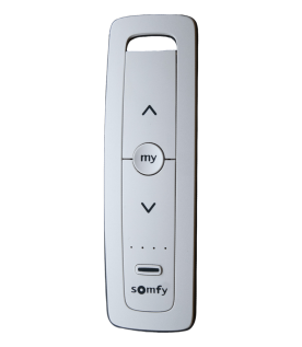 Control remoto 5 canales para motores de persiana Somfy con señal inalámbrica, instrucciones: sube, baja y detener, con posición favorita programada.