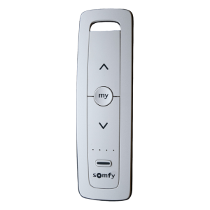 Control remoto 5 canales para motores de persiana Somfy con señal inalámbrica, instrucciones: sube, baja y detener, con posición favorita programada.