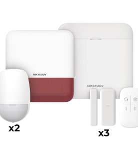 (AX PRO) KIT de Alarma AX PRO con GSM (3G/4G) / Incluye: 1 Hub con bateria de respaldo / 2 Sensores PIR / 3 Contactos Magnéticos mini / 1 Control Remoto / 1 Sirena estrobo Roja Inalambrica Exterior  / WiFi / Compatible con Hik-Connect P2P