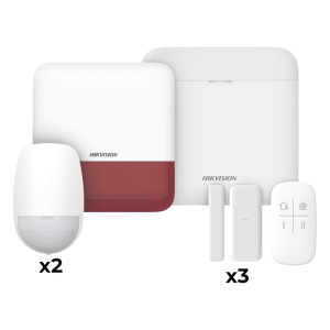 (AX PRO) KIT de Alarma AX PRO con GSM (3G/4G) / Incluye: 1 Hub con bateria de respaldo / 2 Sensores PIR / 3 Contactos Magnéticos mini / 1 Control Remoto / 1 Sirena estrobo Roja Inalambrica Exterior  / WiFi / Compatible con Hik-Connect P2P