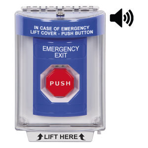Botón De Salida De Emergencia Con Bocina De Advertencia Integrada, Interior/Exterior, Texto En Ingles, Tapa Protectora De Policarbonato Súper Resistente, Neumático