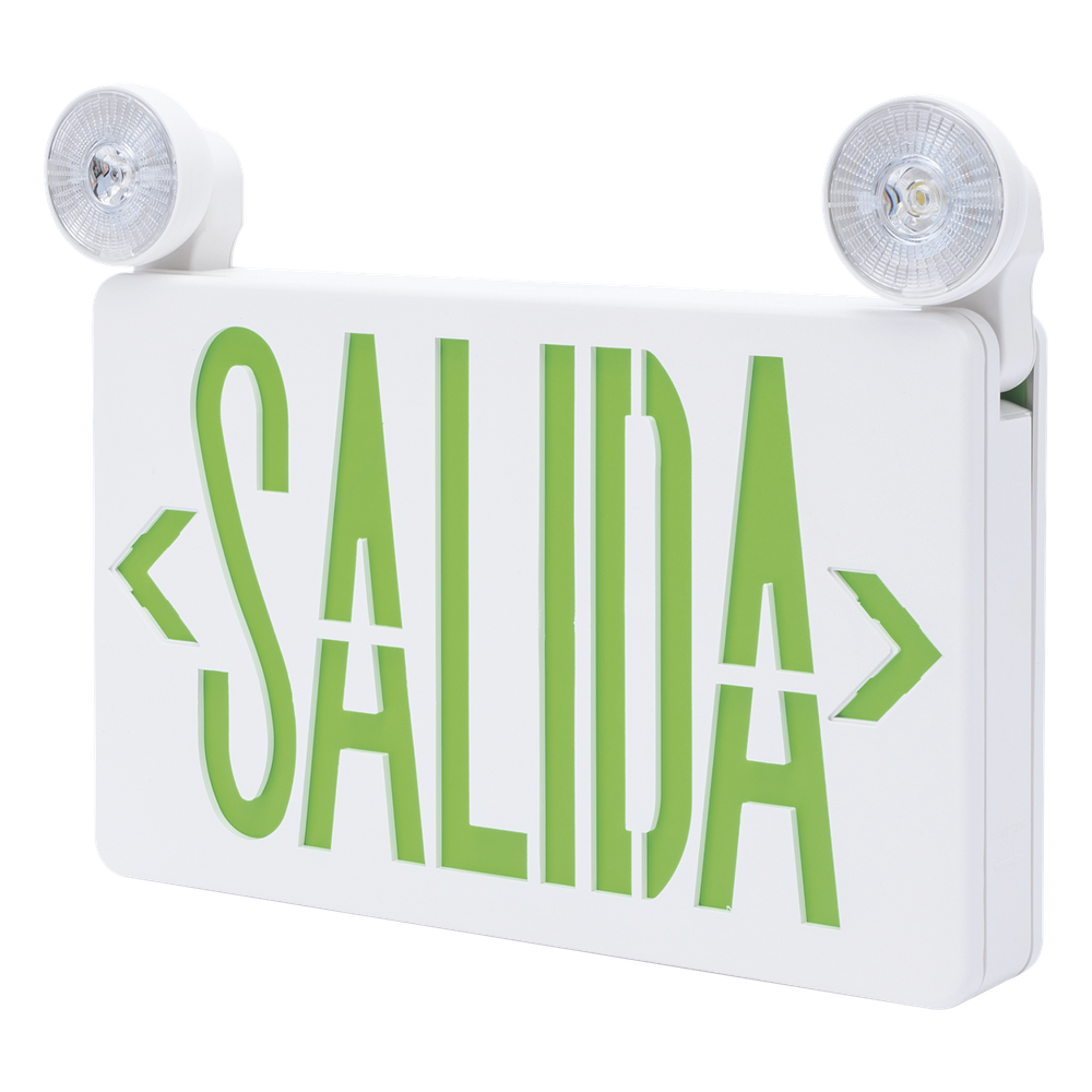 Letrero de Emergencia LED DUAL / Luz de Salida y Emergencia Integrada / Montaje Universal Pared-Lateral-Techo / Doble Voltaje 120-277 VAC / Batería 6V 4.5Ah / 3W Bajo Consumo