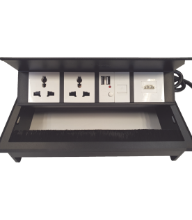 Caja Horizontal Tipo Hub para Escritorio Color Negro, con 1 Puerto HDMI Hembra-Hembra, 1 Puerto RJ45 Cat6, 2 Puertos USB (Solo Carga), y 2 Contactos Eléctricos Universales
