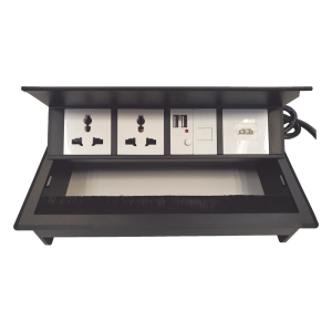 Caja Horizontal Tipo Hub para Escritorio Color Negro, con 1 Puerto HDMI Hembra-Hembra, 1 Puerto RJ45 Cat6, 2 Puertos USB (Solo Carga), y 2 Contactos Eléctricos Universales