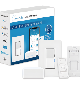 Kit de inicio Caseta Wireless con hub, atenuador de pared Diva de 150 W LED o 600 W incandescente sin neutro, control Pico, tapa y adaptador de pared, compatible con Apple HomeKit