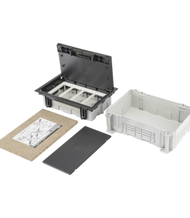 Caja Para Instalación en Pavimento para Voz, Datos o Contactos Eléctricos / Capacidad para 4 Módulos / Espacio Embellecedor en la Tapa / Profundidad Ajustable de 70 a 100 mm (2.76 a 3.94 pulgadas) / Los Módulos se Adquieren Aparte / Incluye Registro