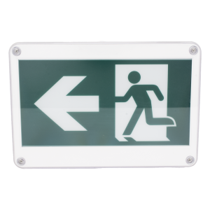 Letrero EXTERIOR de Señalización salida "Hombre Corriendo"/ Alto brillo / Uso en pared, lateral o techo / Batería de Respaldo Incluida con hasta 120 minutos de duración