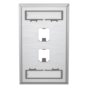 Placa de Pared Vertical, de Acero Inoxidable, Salida Para 2 Puertos Mini-Com, Con Espacios Para Etiquetas