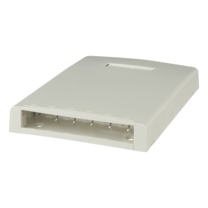 Caja de Montaje en Superficie, con Accesorio para Resguardo de Fibra Óptica, para 6 Módulos Mini-Com, Color Blanco Mate