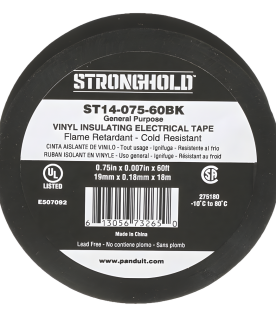 Cinta Eléctrica STRONGHOLD para Aislar, de PVC, Uso General Reparación y Mantenimiento, Grosor de 0.18mm (7 mil), Ancho de 19mm, y 18m de Largo, Color Negro