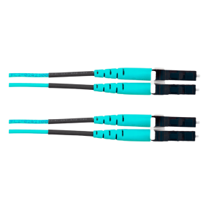Jumper de Fibra Optica Multimodo 50/125 OM4, LC-LC Duplex, OFNR (Riser), Color Aqua, 25 Metros
