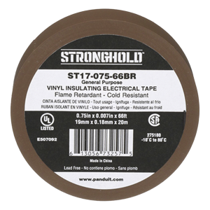 Cinta Eléctrica STRONGHOLD para Aislar, de PVC, Uso General Reparación y Mantenimiento, Grosor de 0.18mm (7 mil), Ancho de 19mm, y 20.12m de Largo, Color Café