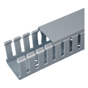 Canaleta Ranurada de PVC con Tapa, Tipo F, 82.6 mm de Ancho, 79.2 mm de Alto y 2 m de Largo, Color Gris