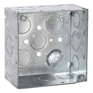 Caja Cuadrada Galvanizada  de 4" x 4", profundidad de 2 1/8". Cuenta con 10 KO de 1/2" y 6 TKO (1/2" - 3/4"))