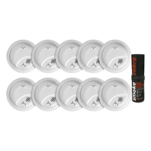 Kit de 10 Detectores de Humo Autónomos FIRST ALERT por Ionización / Alarma 85 dB / Botón Prueba y Silencio / Probador SABRE SDI