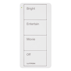 Control Pico inalámbrico de 4 botones con escenas grabadas para sala (Bright, Entertain, Movie y Off), compatible con Caseta Wireless y RA2 Select, blanco brillante