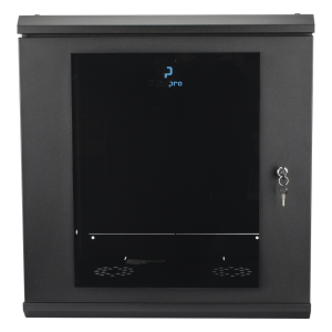 Gabinete Rack de Pared 12 Unidades / 19 Pulgadas / Ventilado / Puerta de Vidrio / Acero Calibre 18 / Carga 100 Kg / 635 x 606 x 612 mm (25 x 23.9 x 24.1 in) / Pintura Electrostática / Negro