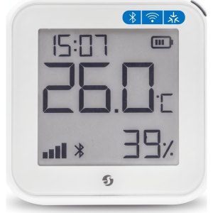 Pantalla Sensor de temperatura y humedad, inteligente e inalámbrico, integrable a la App de Shelly.