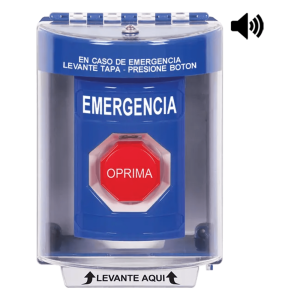 ​Botón Multipropósito, Color Azul, De Superficie con Espaciador, C/Tapa De Policarbonato, C/Bocina Pre Alarma, Interior/Exterior, Llave Para Restablecer, Texto De Emergencia, Español