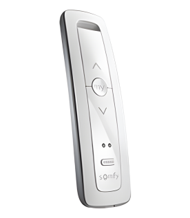 Control remoto 2 canales para motores de persiana Somfy con señal inalámbrica, instrucciones: sube, baja y detener, con posición favorita programada.