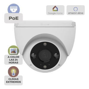 Cámara IP Domo PoE / Resolución 2K  3 Megapixel / Visión Nocturna a Color 30 m / Lente 2.8 mm 106° / Detección IA Humano/Vehículo / Audio Bidireccional / Defensa Activa con Luz y Sirena / IP67