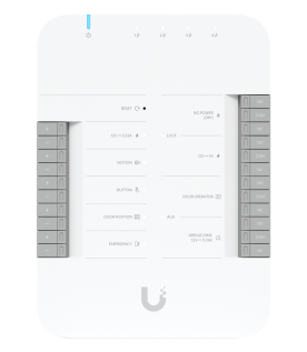 UniFi Access Hub Door, puede conectar 2 lectores y 2 cámaras (no incluidos) para controlar solo una puerta / 2 terminales AUX y 4 entradas adicionales (sensores y botones) POE 802.3bt no incluido