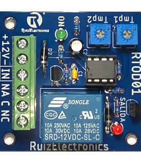 Tarjeta Temporizadora RTOD01 / Retardo 0-60 segundos / Duración 0-60 segundos / Alimentación 12VDC / Salida Relevador NA-NC-C / Indicadores LED