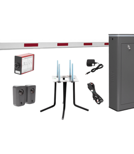Kit COMPLETO Barrera Izquierda XBS Con Corona LED / Brazo de 5.5 Metros / Incluye Sensor de Masa, Transformador, Lazo Magnético, Ancla, Fotoceldas y 2 Controles Inalámbricos