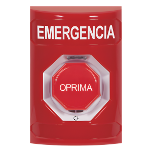 Botón de Emergencia, Texto en Español, Color Rojo, Acción Mantenida, Girar para Restablecer y LED Multicolor