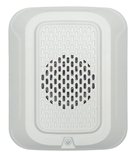 Sonorizador de baja frecuencia de 520 Hz para pared, 24 Vcd, cumple NFPA 72 en áreas de descanso, tonos temporal y continuo, color blanco