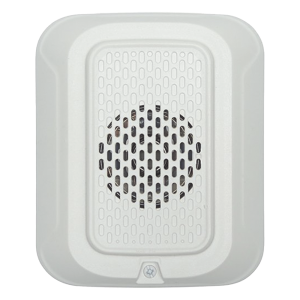 Sonorizador de baja frecuencia de 520 Hz para pared, 24 Vcd, cumple NFPA 72 en áreas de descanso, tonos temporal y continuo, color blanco