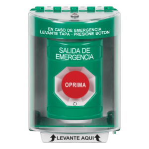 Botón de Salida de Emergencia, Cubierta de Policarbonato Súper Resistente de Superficie con Espaciador, Activación de Acción Mantenida, Con Bocina de Advertencia