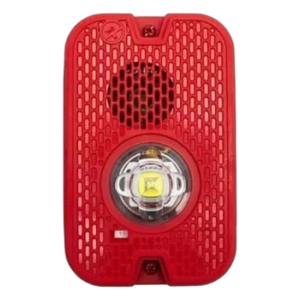 Sirena con Lámpara LED Estroboscópica / 2 Hilos / Montaje en Pared / 16 a 24 Vcd / Configuración Estroboscópica Seleccionable / Texto en Inglés / Color Rojo / Uso exterior