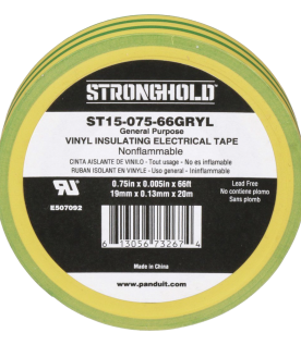 Cinta Eléctrica STRONGHOLD para Aislar, de PVC, Uso Construcción General en Tierras Físicas, Grosor de 0.13 mm (5 mil), Ancho de 19.05 mm, y 20.12 m de Largo, Color Amarillo/Verde.