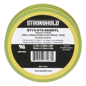 Cinta Eléctrica STRONGHOLD para Aislar, de PVC, Uso Construcción General en Tierras Físicas, Grosor de 0.13 mm (5 mil), Ancho de 19.05 mm, y 20.12 m de Largo, Color Amarillo/Verde.