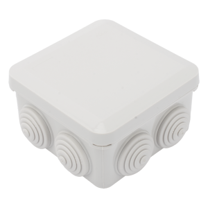 Caja Estanca, Derivación, Conexión de Plástico (89 X 89 X 50 mm) con 7 Glándulas de Goma. Para Instalaciones Comerciales,  Residenciales e Industriales. Cerrado a Presión.