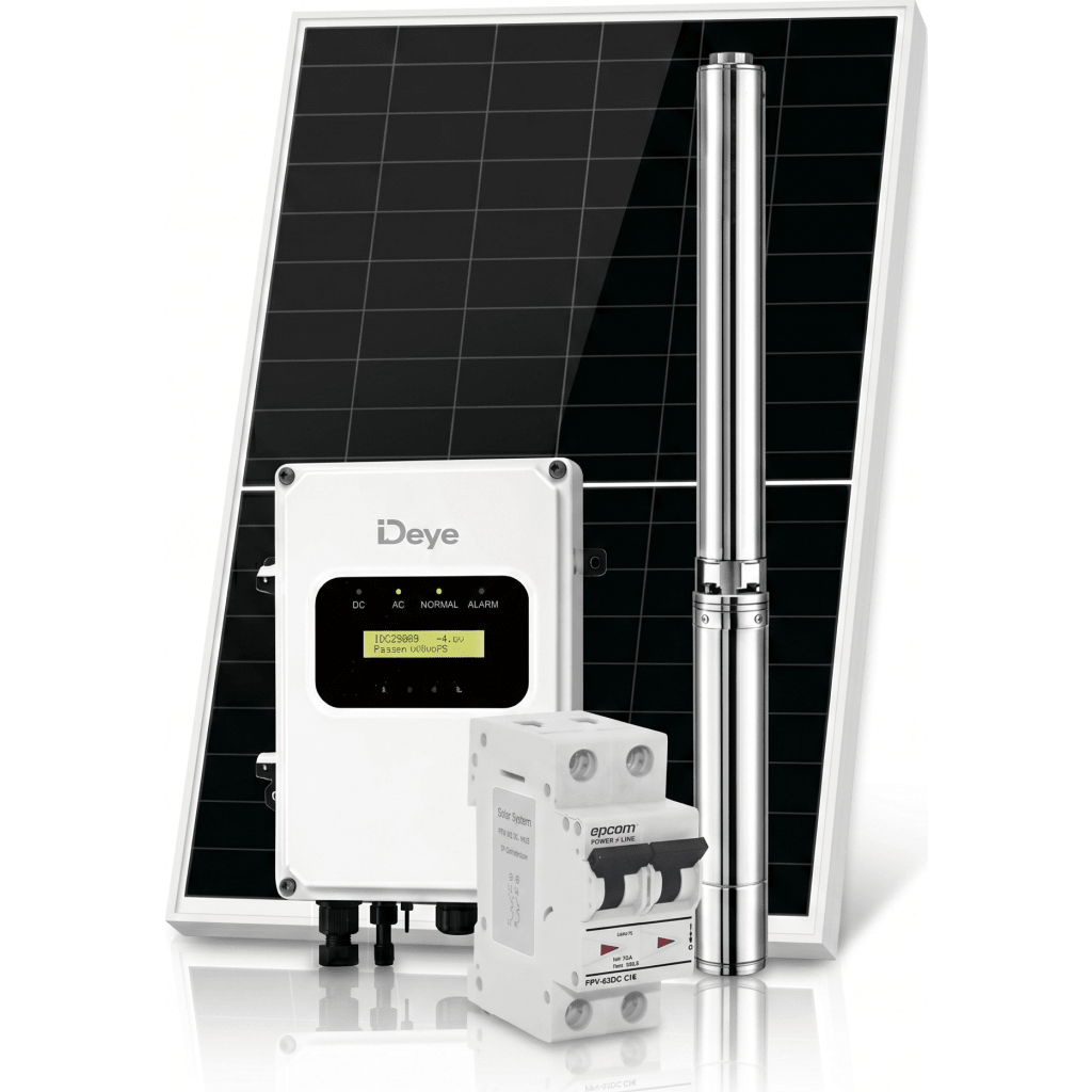 Kit de Bombeo Solar 1500W (1 HP) / Bomba Sumergible con Controlador Integrado 60-220V CD / 4 Módulos Solares 540W / Interruptor Termomagnético 2P 20A 800V CC / Protector de Descargas Atmosféricas / Gabinete IP66