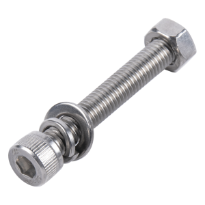 1 Tornillo Allen Milimétrico de Acero Inoxidable  M8-1.25 x 16 / Con 1 Tuerca, 1 Arandela de Presión y 1 Plana / Para Montajes de Módulos Foto Voltaicos.